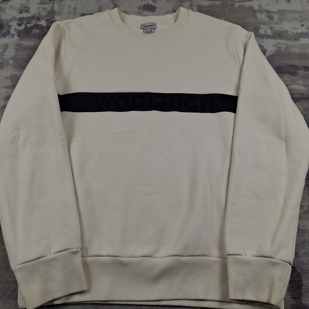Woolrich Sweatshirt Mens USA M EU L Cream Chest Stripe Spell Out Logo Portugal